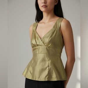 Vintage Nanette Lepore Gold Metallic Silk Blend Peplum Top V-Neck y2k size 6